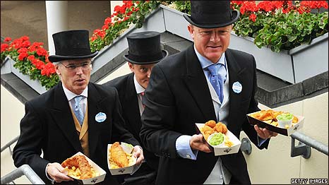 Race goers have fish and chips for lunch
